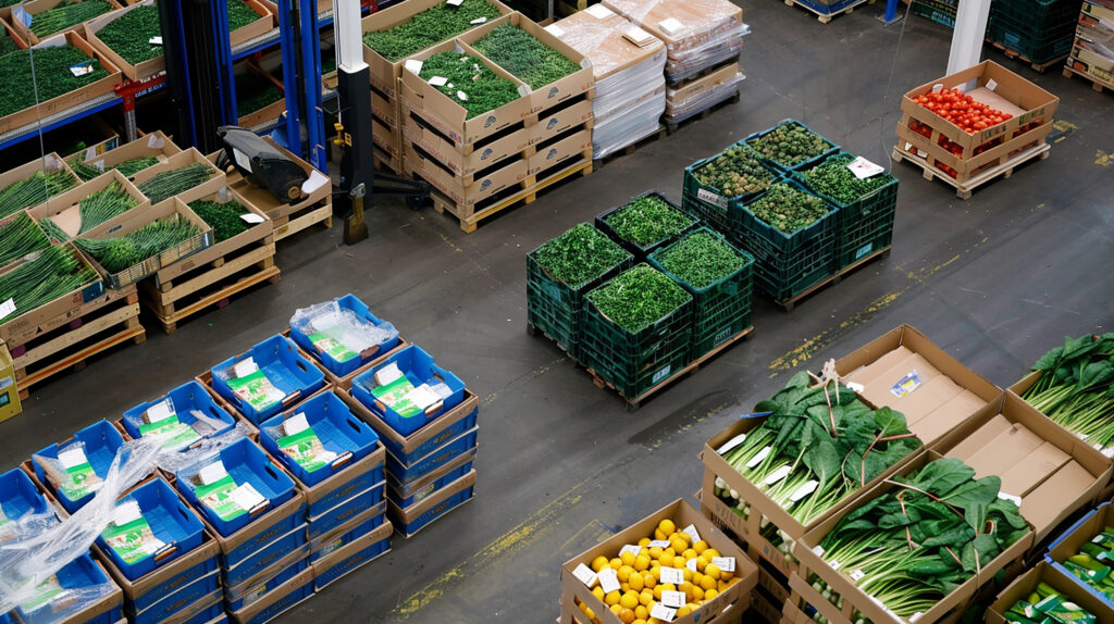 Boxes of fresh produce being inspected before air shipment