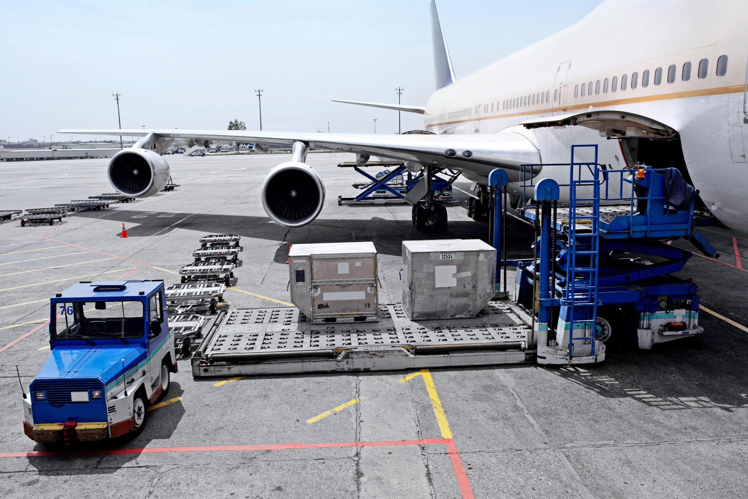Air cargo pallets being loaded onto an aircraft at KLIA cargo terminal